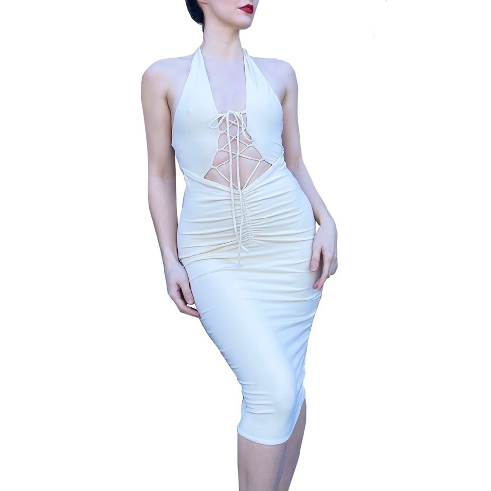 Oh Polly Bodycon Plunge Lace Up Halter Midi Dress 6